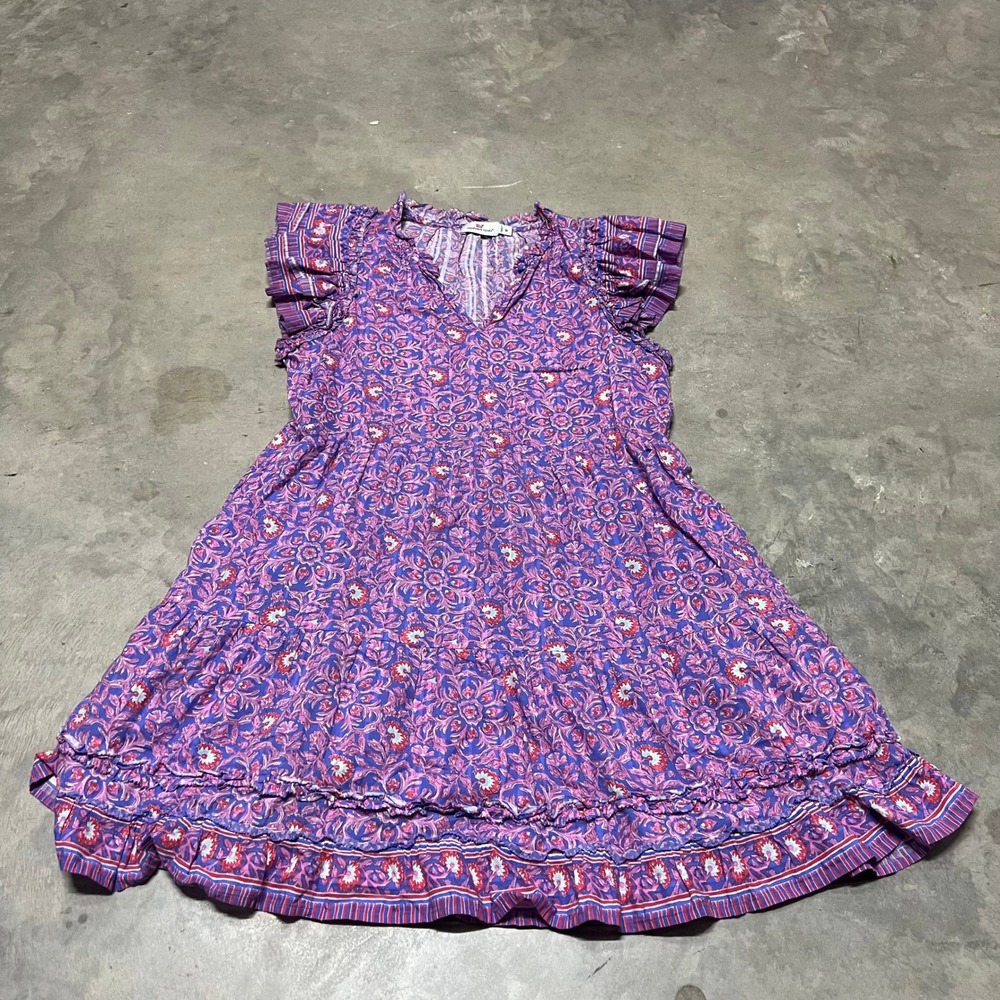 Vineyard Vines Purple Floral Block Print Tiered Ruffle Mini Dress 2Q011230 M